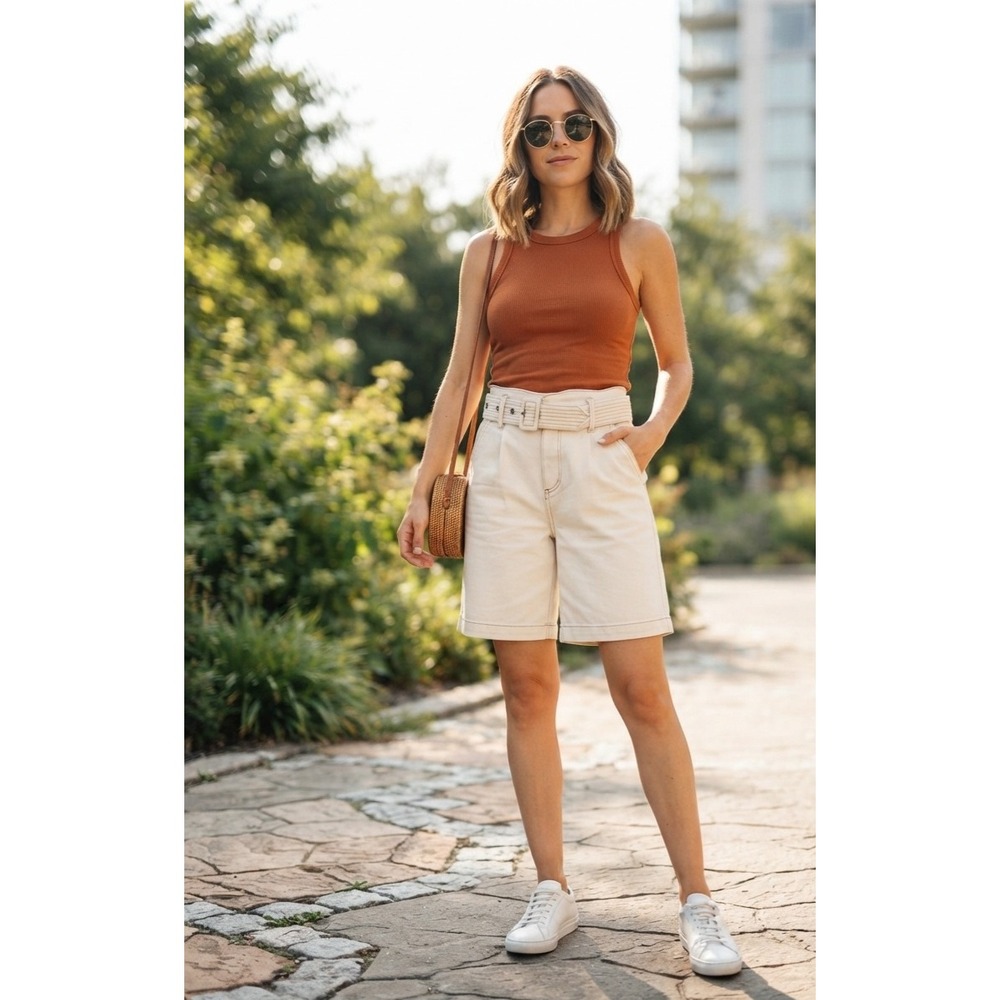 Ann Taylor Weekend Cream Belted High Rise Denim Shorts Size 0 Utility 839908